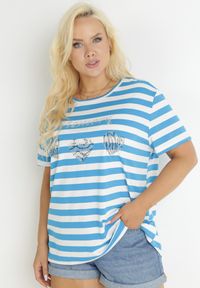 Born2be - Niebieski T-shirt w Paski w Marynarskim Stylu Darlenis. Kolor: niebieski. Wzór: paski #3