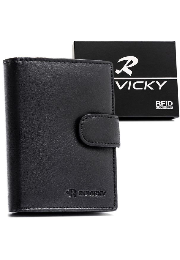 ROVICKY - Czarny portfel męski ze skóry naturalnej mieszczący dowód rejestracyjny i wyposażony w system RFID - Rovicky. Kolor: czarny. Materiał: skóra