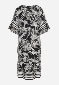 Born2be - Czarna Sukienka o Pudełkowym Kroju z Wiązaniem przy Dekolcie w Roślinny Wzór Mirionela. Kolor: czarny. Długość rękawa: krótki rękaw #6