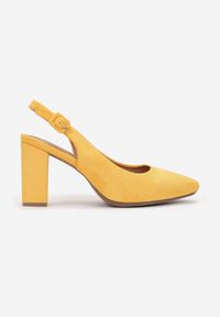 Born2be - Żółte Sandały Madede. Nosek buta: szpiczasty. Zapięcie: pasek. Kolor: żółty. Materiał: jeans. Wzór: geometria. Obcas: na obcasie. Styl: klasyczny. Wysokość obcasa: średni #4