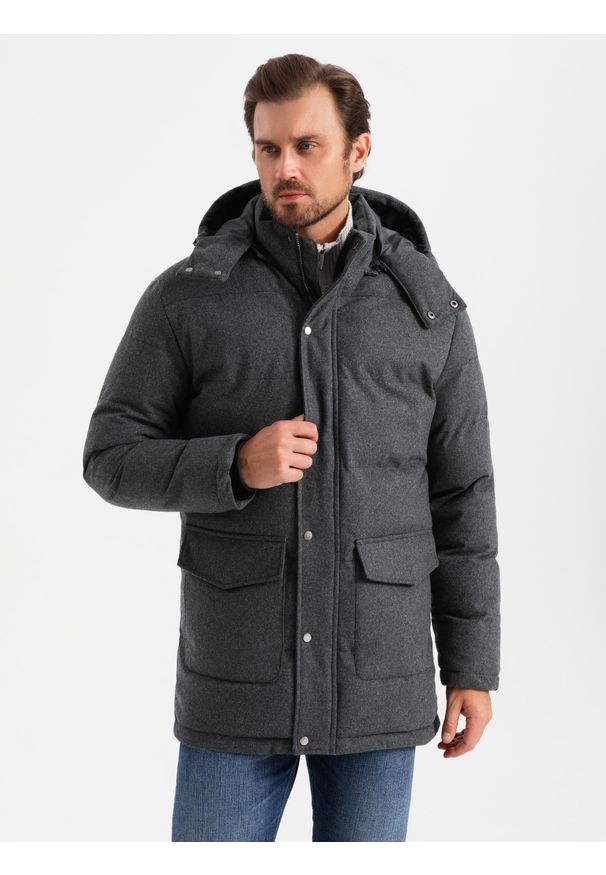 Ombre Clothing - Długa ciepła kurtka męska typu parka z wełną – czarny melanż V2 - Rozmiar: XL. Kolor: czarny. Materiał: wełna. Długość: długie. Wzór: melanż