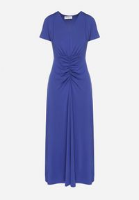 Born2be - Niebieska Sukienka z Marszczeniami Taliowana z Dodatkiem Wiskozy Arelona. Okazja: na co dzień. Typ kołnierza: dekolt w kształcie V. Kolor: niebieski. Materiał: wiskoza. Długość rękawa: krótki rękaw. Typ sukienki: proste. Styl: casual #5