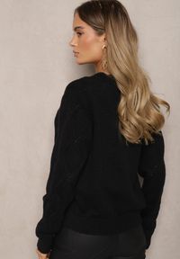 Renee - Czarny Kardigan z Dodatkiem Wełny z Naszywkami w Kształcie Kwiatów Gatina. Okazja: na co dzień. Typ kołnierza: dekolt w serek. Kolor: czarny. Materiał: wełna. Wzór: kwiaty, aplikacja. Styl: elegancki, casual #4