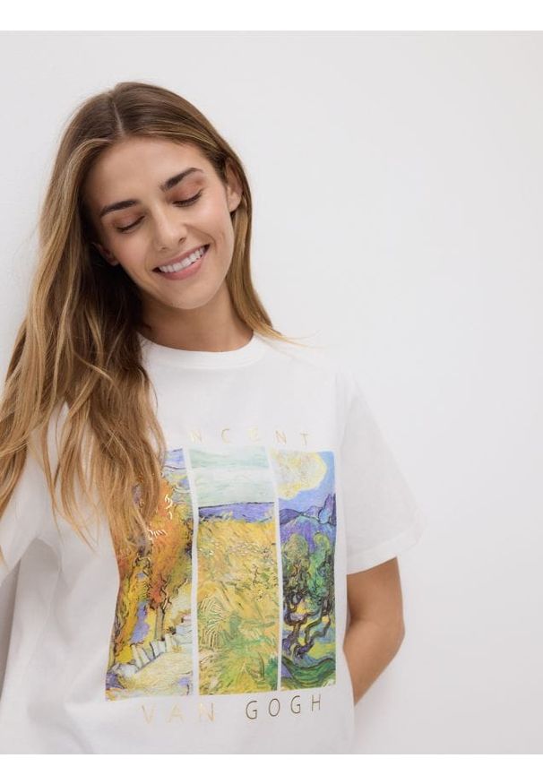 Reserved - T-shirt z nadrukiem - złamana biel. Materiał: bawełna. Wzór: nadruk