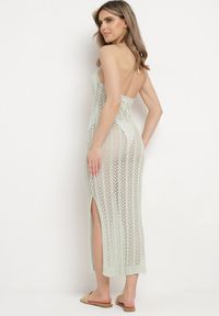 Born2be - Zielona Dopasowana Sukienka Ażurowa z Wiązaniem i Rozcięciami Irvalia. Kolor: zielony. Wzór: ażurowy. Styl: klasyczny #2
