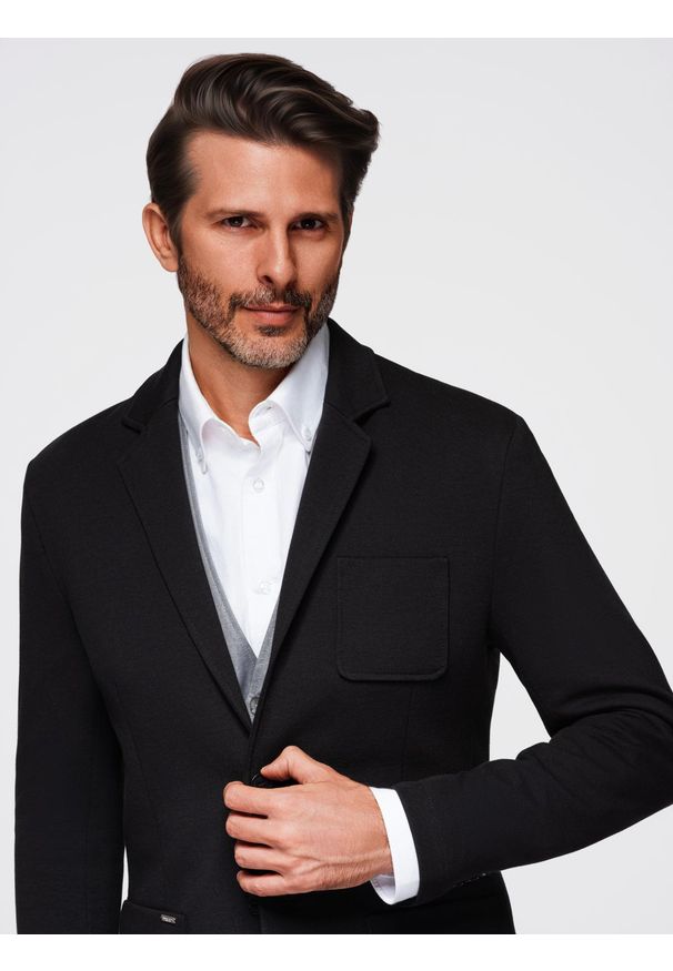 Ombre Clothing - Marynarka męska SLIM z dzianiny o subtelnej strukturze – czarna V2 - Rozmiar: XXL. Okazja: do pracy. Kolor: czarny. Materiał: dzianina. Wzór: kolorowy. Styl: klasyczny