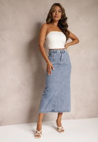 Renee - Niebieska Spódnica Jeansowa Midi z Wysokim Stanem Zakila. Stan: podwyższony. Kolor: niebieski. Materiał: jeans