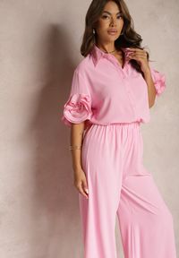 Renee - Różowy Komplet Szerokie Spodnie i Koszula z Falbanami Rivathins. Kolor: różowy #5