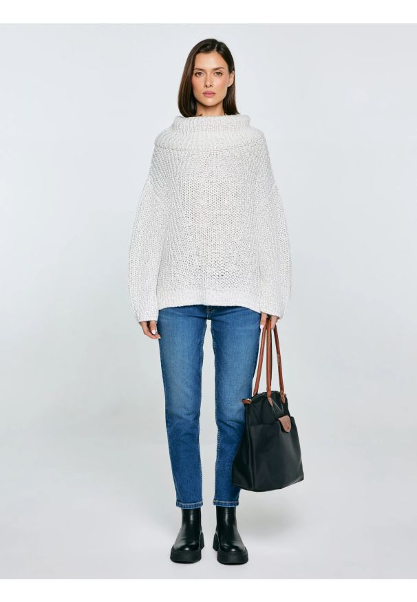 Big-Star - Sweter damski z obszernym golfem melanżowy biały Magdalena 100. Typ kołnierza: golf. Kolor: biały. Materiał: wełna, denim, materiał. Wzór: melanż. Styl: klasyczny, elegancki