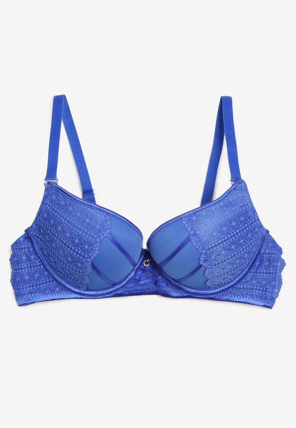Renee - Niebieski Biustonosz o Fasonie Push Up Ozdobiony Koronką i Cyrkoniami Topazia. Kolor: niebieski. Materiał: koronka. Rodzaj stanika: push-up. Wzór: aplikacja, koronka