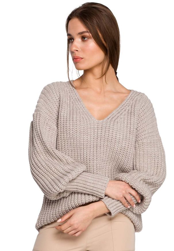 MOE - Sweter V- Neck z Szerokim Ściągaczem - Beżowy. Kolor: beżowy. Materiał: akryl