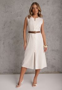 Renee - Beżowa Pudełkowa Sukienka z Wiskozą Bawełną Guzikami i Paskiem Magmaris. Okazja: na co dzień. Kolor: beżowy. Materiał: wiskoza, bawełna. Sezon: wiosna, lato. Styl: casual, elegancki #3