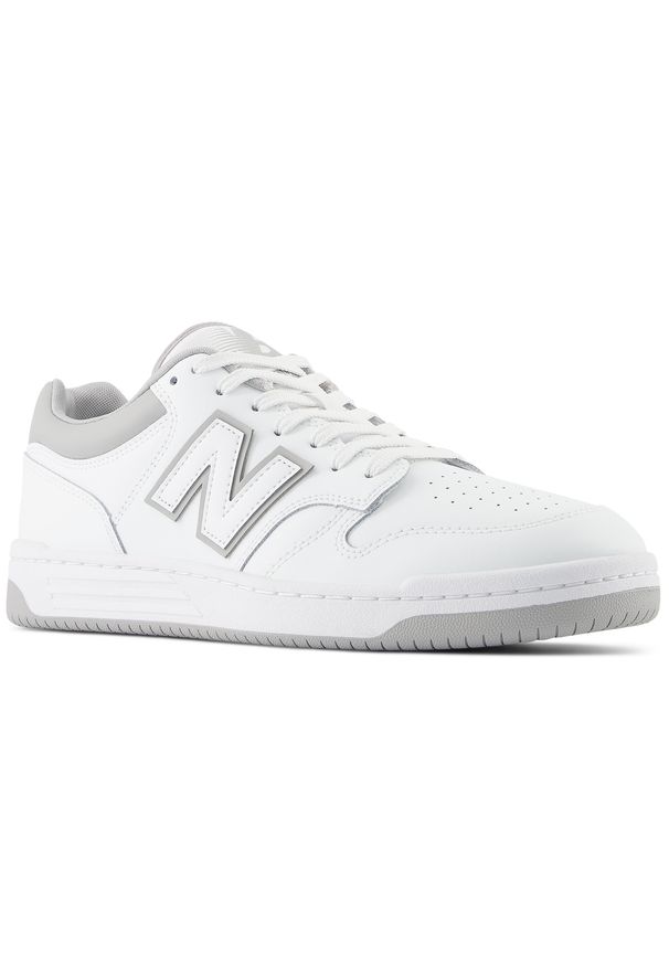 Buty unisex New Balance BB480LGM – białe. Okazja: na co dzień. Kolor: biały. Materiał: skóra, materiał, syntetyk, dresówka. Szerokość cholewki: normalna. Sport: turystyka piesza
