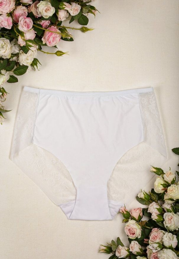 Renee - Białe Majtki z Wysokim Stanem Ozdobione Koronką Chesen. Stan: podwyższony. Kolekcja: plus size. Kolor: biały. Materiał: koronka. Wzór: koronka, aplikacja