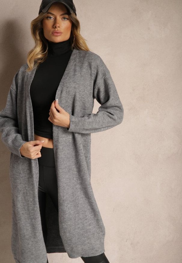 Renee - Szary Niezapinany Casualowy Kardigan z Wełną o Długim Kroju Zozita. Okazja: na co dzień. Kolor: szary. Materiał: wełna. Długość: długie. Styl: casual