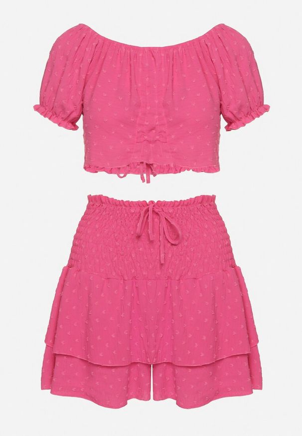 Born2be - Fuksjowy Komplet z Tłoczonej Tkaniny Spódnico-Szorty i Bluzka Hiszpanka Sariloria. Kolor: różowy. Materiał: tkanina
