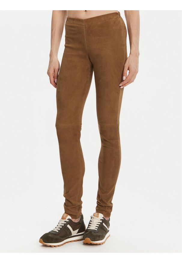 Serge Pariente Spodnie skórzane Strechy Vs Brązowy Slim Fit. Kolor: brązowy. Materiał: skóra