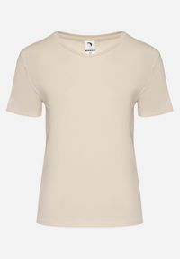 Born2be - Beżowy Gładki T-shirt z Elastycznej Bawełny z Krótkim Rękawem Derdiara. Kolor: beżowy. Materiał: bawełna. Długość rękawa: krótki rękaw. Długość: krótkie. Wzór: gładki