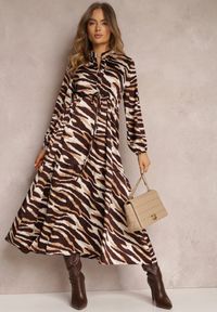 Renee - Brązowo-Beżowa Sukienka Rozkloszowana w Tygrysie Paski Cazoni. Kolor: brązowy. Materiał: tkanina. Wzór: paski #3