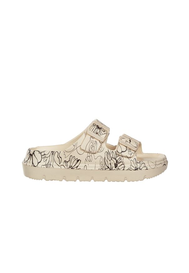 Klapki Laura Vita Nuon 17 Beige 202060, Beżowy, Tworzywo - 37. Okazja: na plażę. Kolor: beżowy. Materiał: tworzywo sztuczne. Wzór: kwiaty, paski. Styl: elegancki, wakacyjny