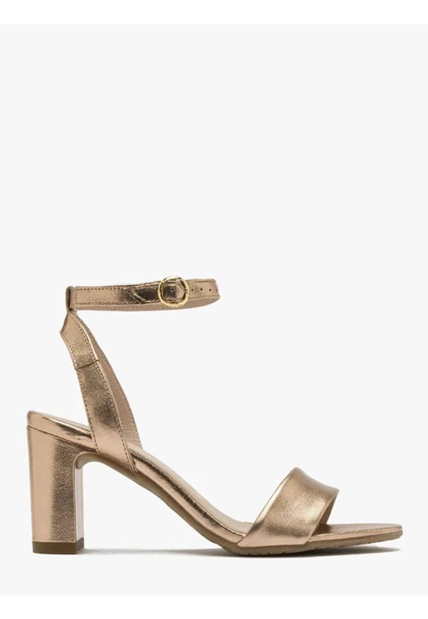 Ryłko - Platynowe sandały na słupku. Kolor: szary. Materiał: skóra. Obcas: na słupku. Styl: street. Wysokość obcasa: średni