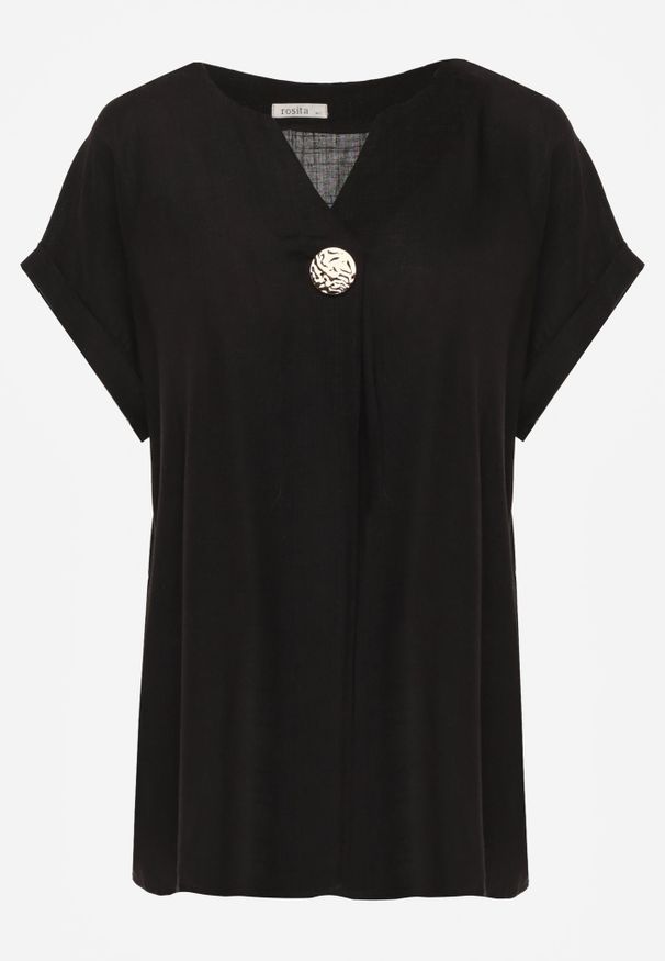 Renee - Czarna Bluzka z Lnem i Wiskozą o Nietoperzowym Kroju z Krótkim Rękawem Herira. Okazja: na co dzień. Typ kołnierza: dekolt w serek. Kolor: czarny. Długość: krótkie. Wzór: aplikacja. Materiał: wiskoza, len. Długość rękawa: krótki rękaw. Sezon: lato. Styl: casual, elegancki