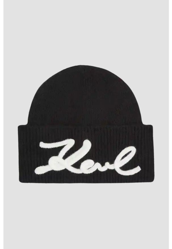 Karl Lagerfeld - KARL LAGERFELD Czarna czapka damska z domieszką wełny. Kolor: czarny. Materiał: wełna. Wzór: aplikacja, haft. Styl: casual, elegancki