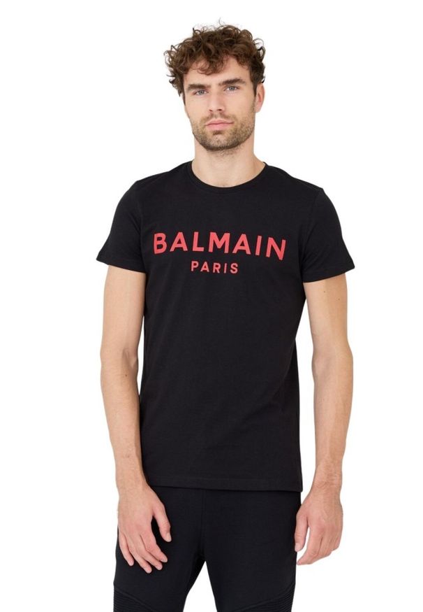 Balmain - BALMAIN Czarny męski T-shirt z czerwonym logo, Rozmiar XL. Kolor: czarny