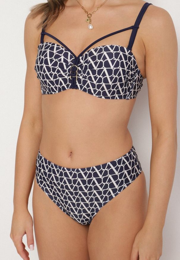 Born2be - Granatowe Bikini Biustonosz z Ozdobnymi Paskami i Majtki Figi Linadora. Kolor: niebieski. Wzór: haft