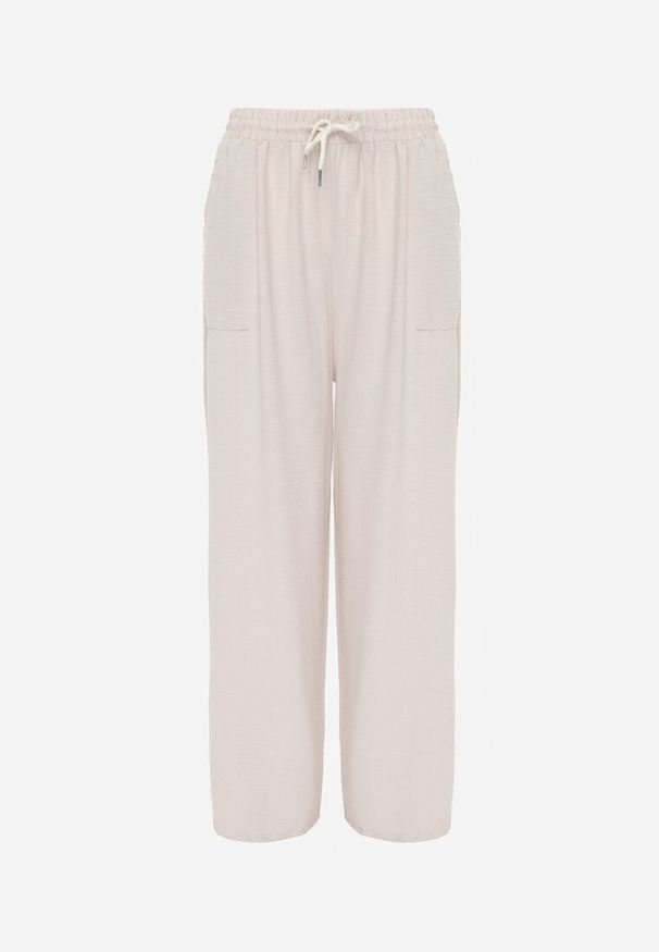 Renee - Beżowe Spodnie High Waist ze Sznurkiem w Talii i Prostą Nogawką Raveann. Okazja: na spacer, na co dzień. Stan: podwyższony. Kolor: beżowy. Wzór: aplikacja. Styl: casual