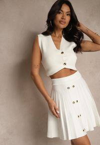 Renee - Biała Spódnica Plisowana z Wiskozą High Waist i Guzikami Natolira. Okazja: na co dzień. Stan: podwyższony. Kolor: biały. Materiał: wiskoza. Styl: casual, elegancki