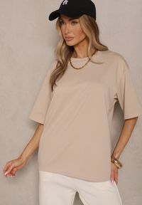 Renee - Jasnobeżowy Basicowy T-shirt z Bawełną Meronissea. Okazja: na co dzień. Kolor: beżowy. Materiał: bawełna. Styl: klasyczny, casual #4