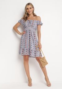 Born2be - Niebieska Wiskozowa Mini Sukienka z Hiszpańskim Dekoltem Krala. Kolor: niebieski. Materiał: wiskoza. Wzór: aplikacja. Długość: mini #3