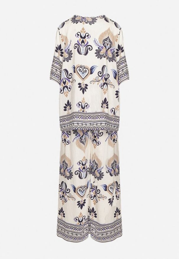 Born2be - Niebieski Komplet z Wiskozy w Etniczny Wzór Szerokie Spodnie i Bluzka T-shirt Polliviane. Kolor: niebieski. Materiał: wiskoza