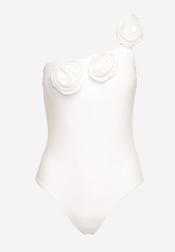 Renee - Biały Strój Kąpielowy Jednoczęściowy o Asymetrycznym Kroju z Kwiatową Aplikacją Irisabel. Kolor: biały. Wzór: aplikacja, kwiaty