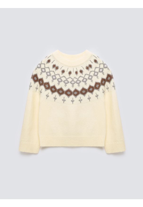 Big-Star - Sweter damski z skandynawskim wzorem kremowy Skandia 102. Okazja: na co dzień. Kolor: kremowy. Materiał: dzianina. Wzór: ze splotem. Styl: wizytowy, casual, elegancki