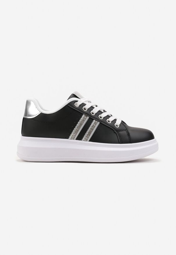Renee - Czarne Sznurowane Sneakersy z Imitacji Skóry Ozdobione Paskami z Cyrkoniami Isolinna. Okazja: na co dzień. Zapięcie: pasek. Kolor: czarny. Materiał: skóra. Wzór: aplikacja