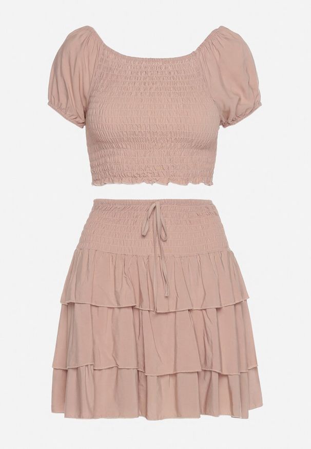 Born2be - Ciemnobeżowy Komplet Bawełniany Bluzka Hiszpanka i Spódnica z Falbankami Vexa. Kolor: beżowy. Materiał: bawełna. Wzór: aplikacja