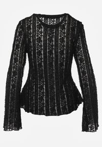 Renee - Czarna Bluzka z Koronki Ozdobiona Rozszerzanymi Rękawami Lertiola. Okazja: na co dzień. Kolor: czarny. Materiał: koronka. Wzór: aplikacja, koronka. Sezon: wiosna. Styl: casual, elegancki #6