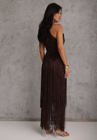 Renee - Brązowa Sukienka Wieczorowa na Ramiączkach z Ozdobnymi Frędzlami Glystarish. Kolor: brązowy. Długość rękawa: na ramiączkach. Styl: wizytowy. Długość: maxi #6