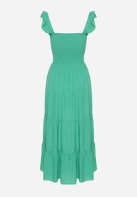 Born2be - Zielona Rozkloszowana Bawełniana Sukienka na Ramiączkach z Gumkami i Falbanką Mevesta. Okazja: na spacer. Typ kołnierza: kołnierz z falbankami, dekolt kwadratowy. Kolor: zielony. Materiał: bawełna. Długość rękawa: na ramiączkach #4