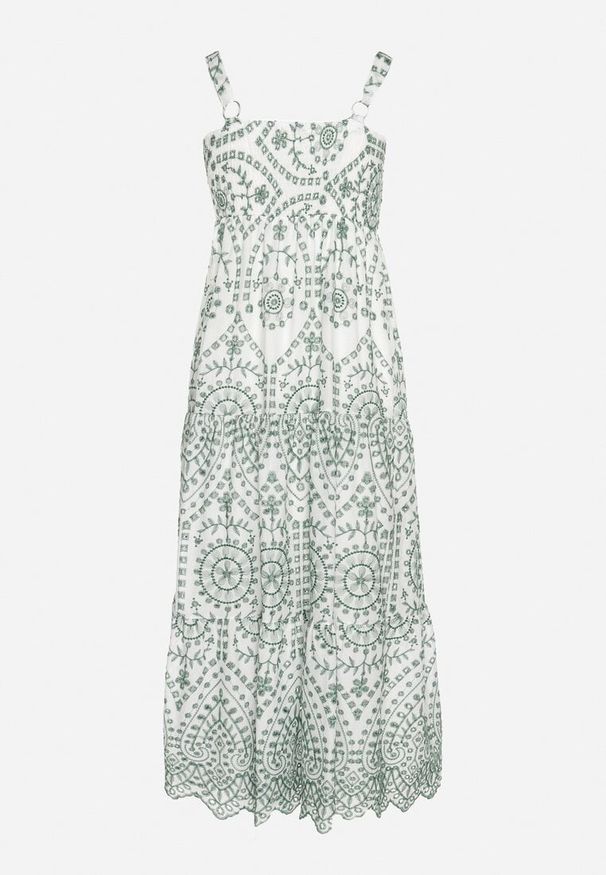 Born2be - Zielono-Biała Bawełniana Sukienka Ozdobiona Haftem Sadonique. Okazja: na co dzień. Kolor: zielony. Materiał: bawełna. Długość rękawa: na ramiączkach. Wzór: aplikacja, haft. Styl: elegancki, casual