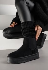 Born2be - Czarne Śniegowce na Grubej Podeszwie w Stylu Sztybletów Avrenna. Okazja: na co dzień. Kolor: czarny. Materiał: jeans. Styl: casual, klasyczny #1