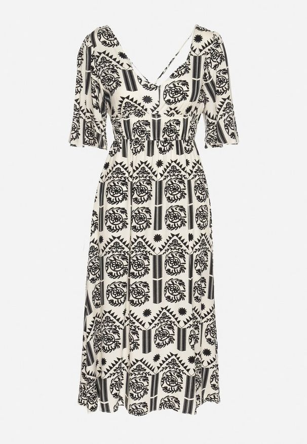 Born2be - Czarno-Kremowa Sukienka Wiskozowa Rozkloszowana z Odkrytymi Plecami w Print Boho Turaisa. Okazja: na co dzień. Typ kołnierza: dekolt w kształcie V. Kolor: czarny. Materiał: wiskoza. Długość rękawa: długi rękaw. Wzór: nadruk. Typ sukienki: proste, rozkloszowane. Styl: boho