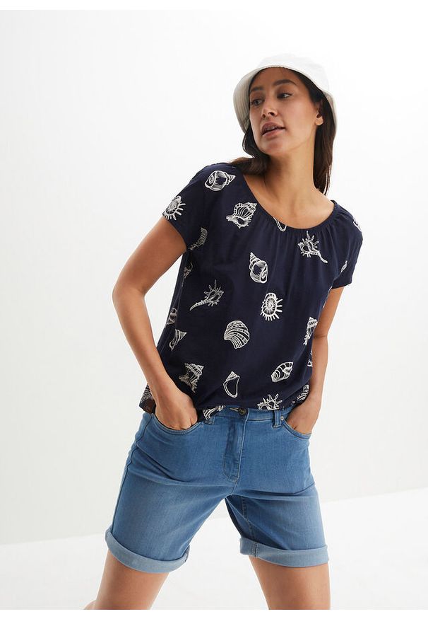 bonprix - "Shirt z dekoltem ""carmen"" i nadrukiem, z bawełny organicznej". Typ kołnierza: typu carmen. Kolor: niebieski. Materiał: bawełna. Wzór: nadruk