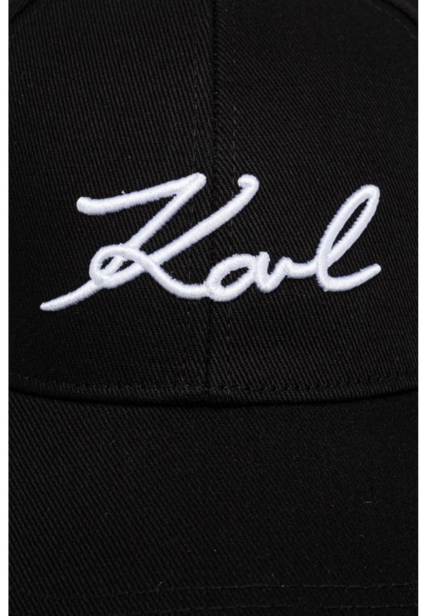 Karl Lagerfeld - KARL LAGERFELD Czarna czapka damska z daszkiem Signature Cap. Kolor: czarny. Wzór: aplikacja, haft. Styl: casual, elegancki