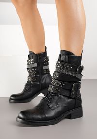 Born2be - Czarne Botki w Stylu Workerów z Klamrami i Nitami Tulissea. Okazja: na co dzień. Zapięcie: klamry. Kolor: czarny. Materiał: jeans, skóra. Styl: klasyczny, casual, rockowy