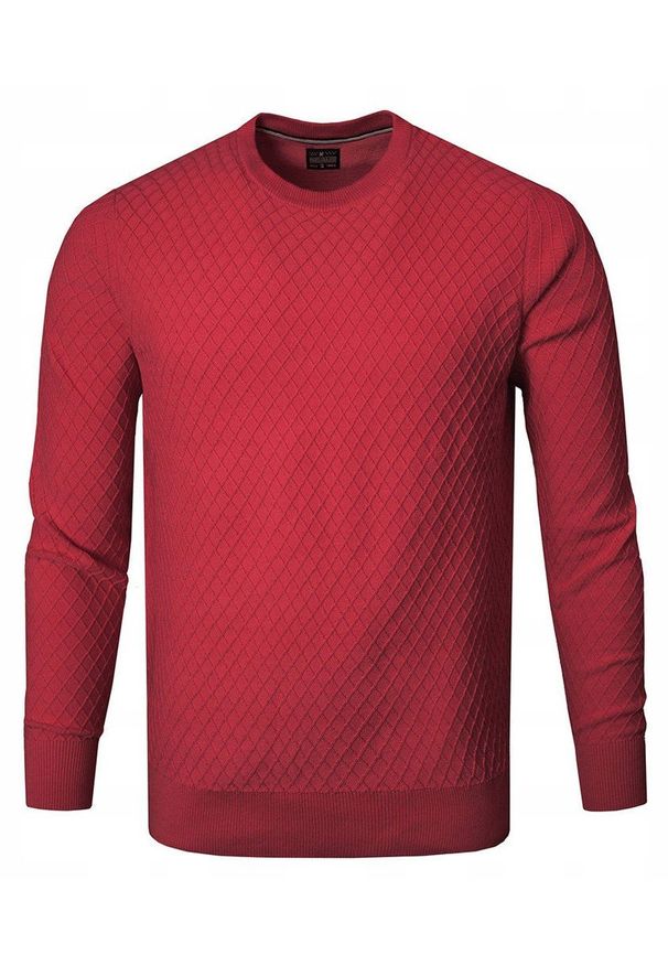 Bawełniany Sweter Męski, Okrągły Dekolt - Pako Jeans - Czerwień, Tkanina z Fakturą. Kolor: czerwony. Materiał: bawełna. Styl: klasyczny, elegancki