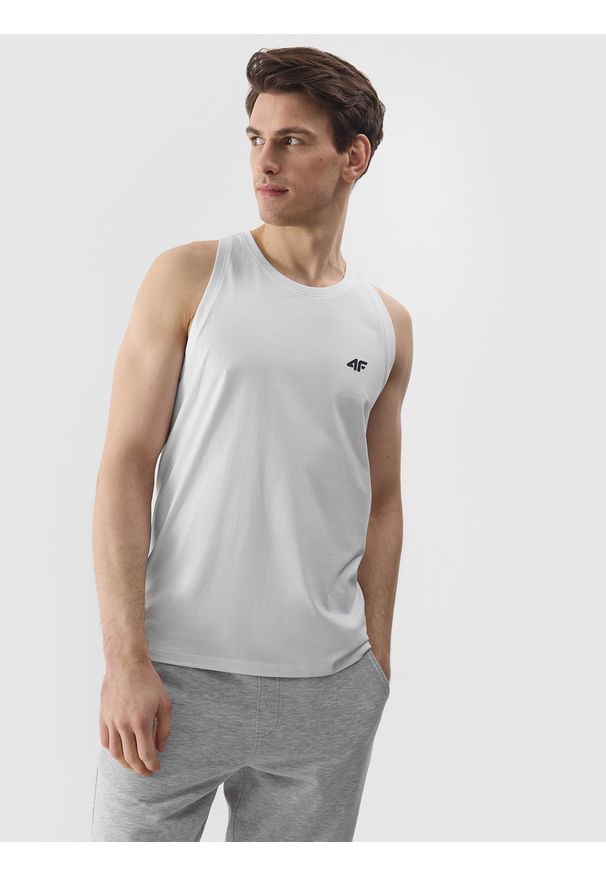 4f - 4F Tank top regular gładki męski - biały M. Kolor: biały. Materiał: dzianina, jersey, bawełna. Długość rękawa: na ramiączkach. Wzór: gładki