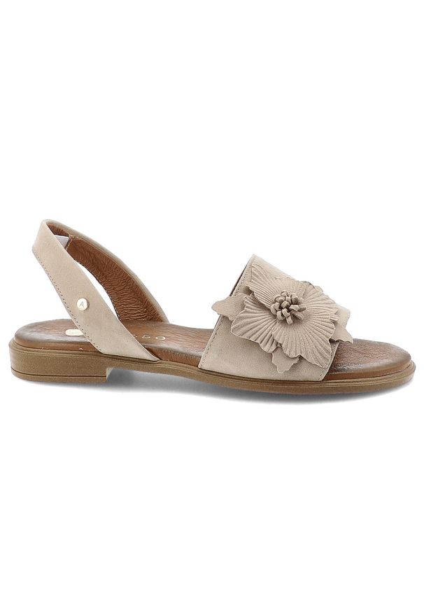 Sandały damskie Armodo, cholewka ze skóry naturalnej odkryta konstrukcja z ozdobnym kwiatem stabilna płaska podeszwa zapewniająca wygodę, beżowe, 404. Kolor: beżowy. Materiał: skóra. Wzór: kwiaty. Obcas: na płaskiej podeszwie